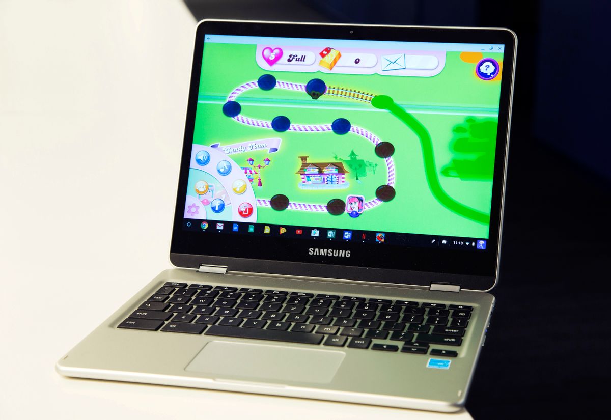 In this Feb. 8, 2017, photo, a Google Chromebook displays Candy Crush Saga in New York. Google Chromebook laptops are impractical for many people because they’re little more than expensive paperweights when they’re out of range of an internet connection. Yet they’ve defied expectations and made tremendous inroads in one of the least likely places: U.S. schools. (AP Photo/Mark Lennihan) (AP)