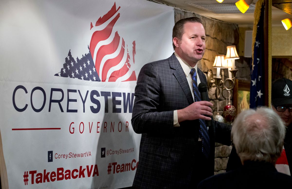 FILE - In this Monday, Jan. 23, 2017 file photo, Republican candidate for governor of Virginia, Corey Stewart, speaks at a campaign kickoff rally in a restaurant in Occoquan, Va. Stewart, a tough-talking former Donald Trump campaign chairman who says the president’s victory has freed candidates to "simply be yourself." (AP Photo/Steve Helber, File) (AP)