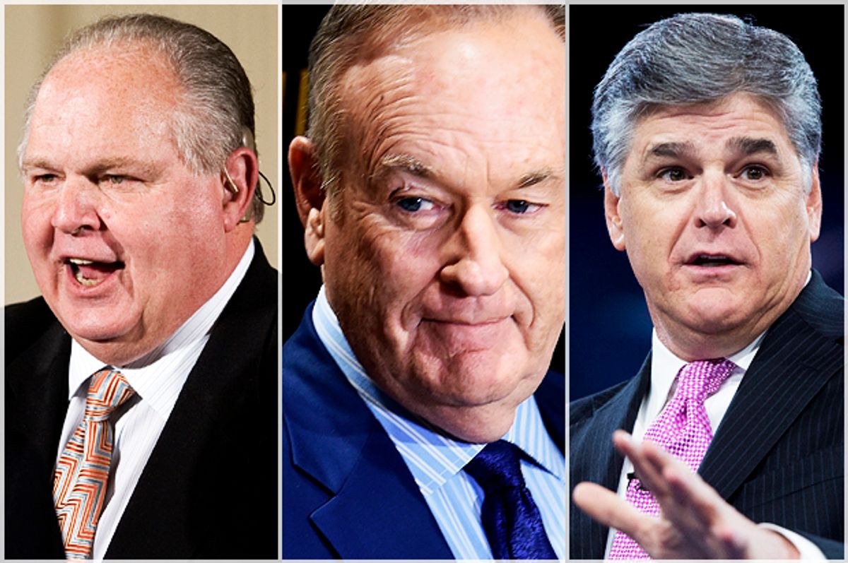 Rush Limbaugh; Bill O'Reilly; Sean Hannity   (Getty/Ilya S. Savenok/AP/J. Scott Applewhite/Getty/Saul Loeb)