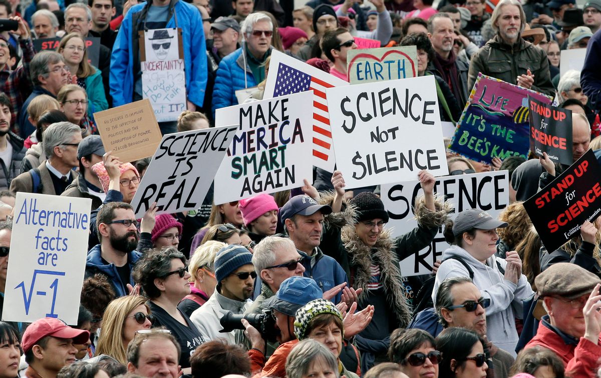 Members of the scientific community, environmental advocates, and supporters demonstrate Sunday, Feb. 19, 2017, in Boston, to call attention to what they say are the increasing threats to science and scientific research under the administration of President Donald Trump. (AP Photo/Steven Senne) (AP)