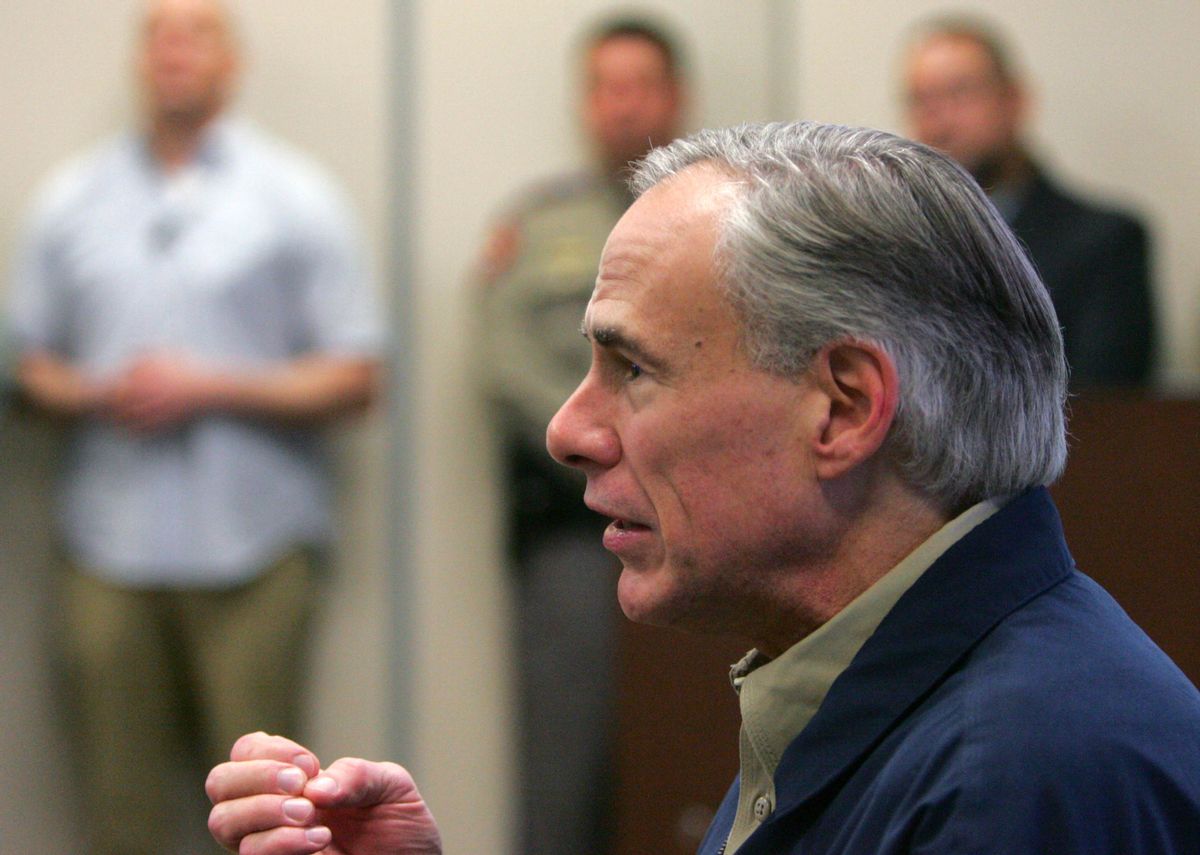 Gov. Greg Abbott talks with Secretary of Homeland Security John Kelly before a briefing on border security Wednesday Feb. 1, 2017 at the Texas Department of Public Safety regional headquarters in Weslaco, Texas. Secretary Kelly and Abbott toured the Texas border with Mexico in a helicopter following the briefing.      (Nathan Lambrecht/The Monitor via AP, Pool) (AP)
