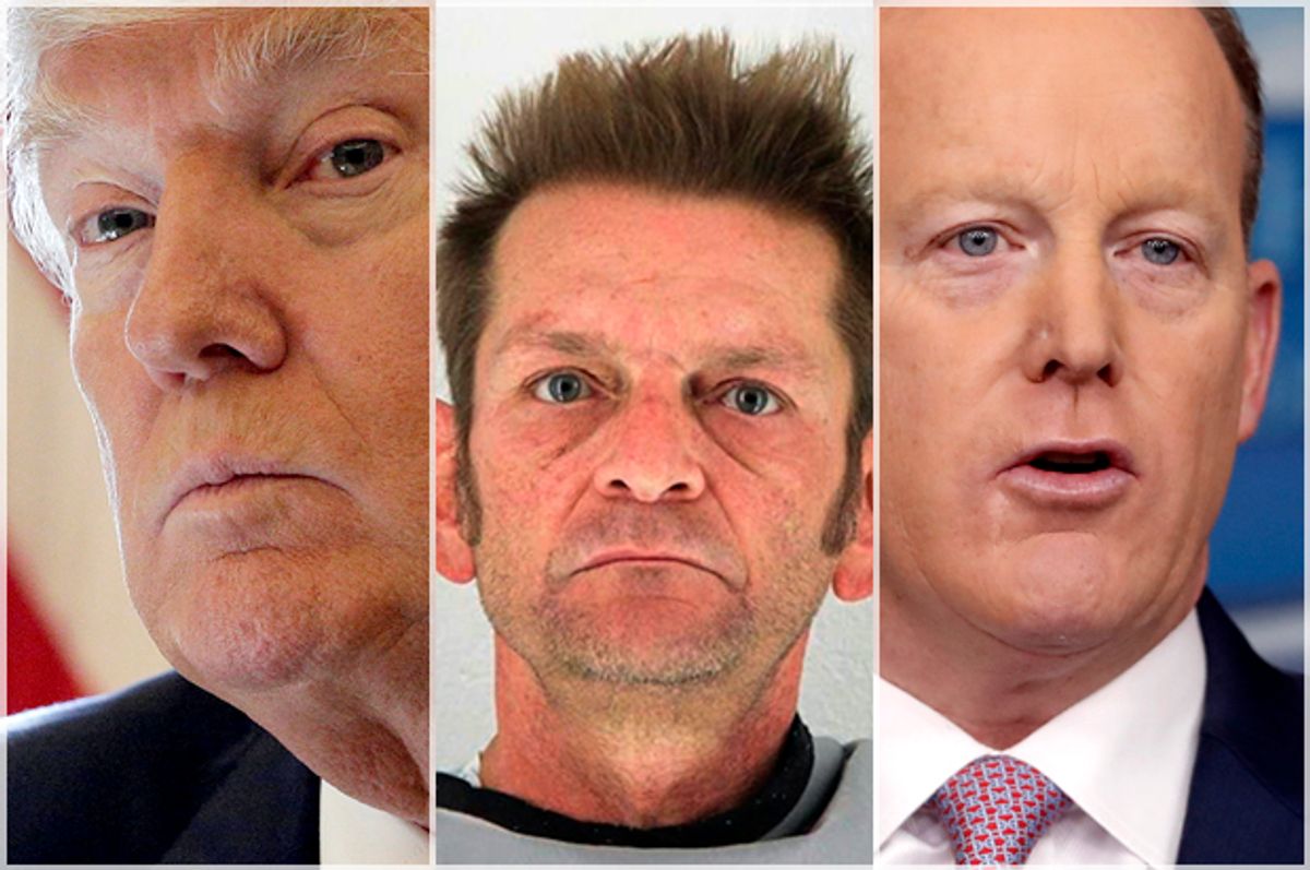 Donald Trump; Adam Purinton; Sean Spicer   (Reuters/Joshua Roberts/AP/Johnson County Sheriff's Office/Pablo Martinez Monsivais)