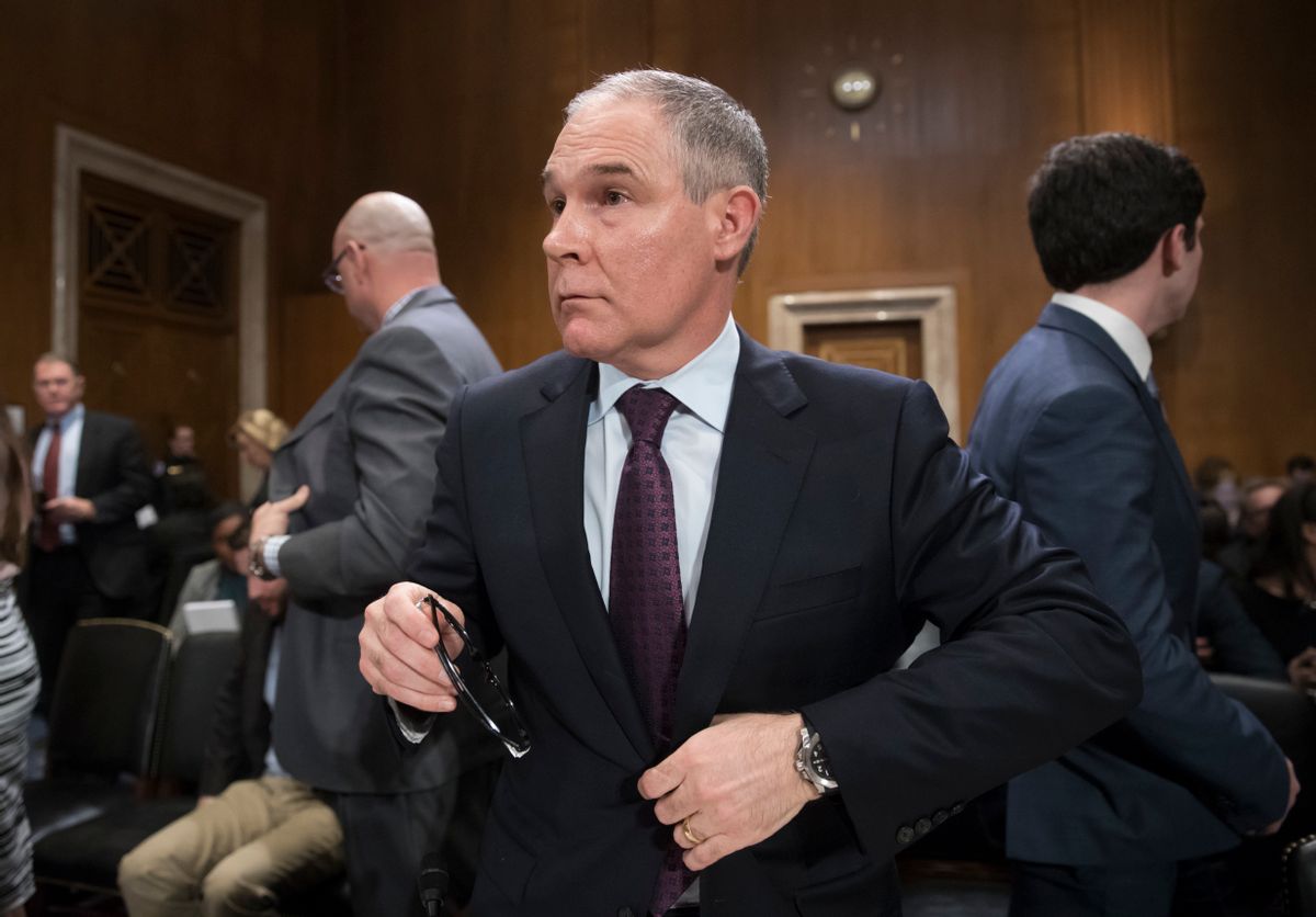 FILE - In this Jan. 18, 2017 file photo, Environmental Protection Agency Administrator-designate, Oklahoma Attorney General Scott Pruitt  is seen on Capitol Hill in Washington at his confirmation hearing before the Senate Environment and Public Works Committee. The Republican-controlled Senate is poised to confirm Pruitt on Thursday, Feb. 16, 2017. (AP Photo/J. Scott Applewhite, File) (AP)
