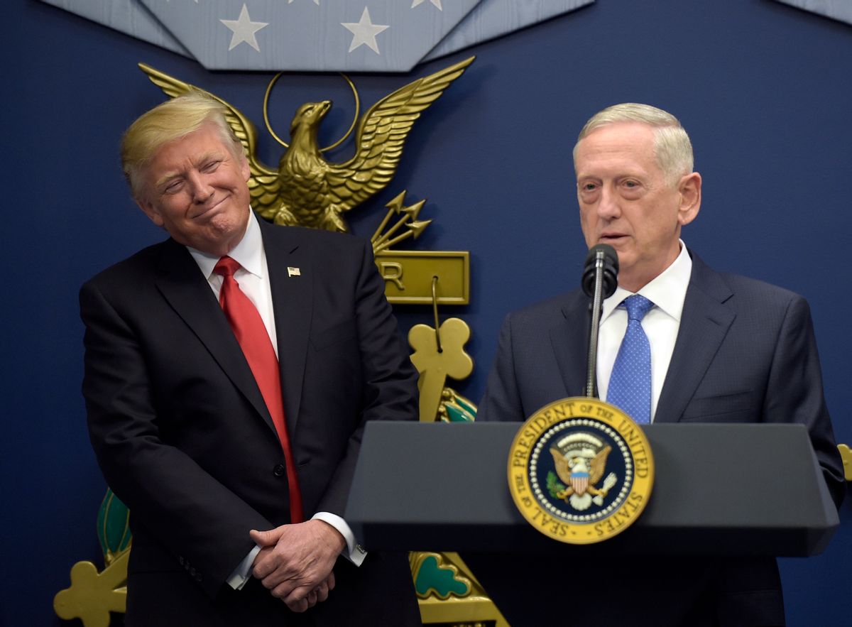 In this Jan. 27, 2017 photo, President Donald Trump, left, listens as Defense Secretary James Mattis, right, speaks at the Pentagon in Washington. With Republicans in charge of Congress, President Donald Trump’s pledge to boost the Pentagon’s budget by tens of billions of dollars should be a sure bet. It’s not.  (AP Photo/Susan Walsh) (AP Photo/Susan Walsh)