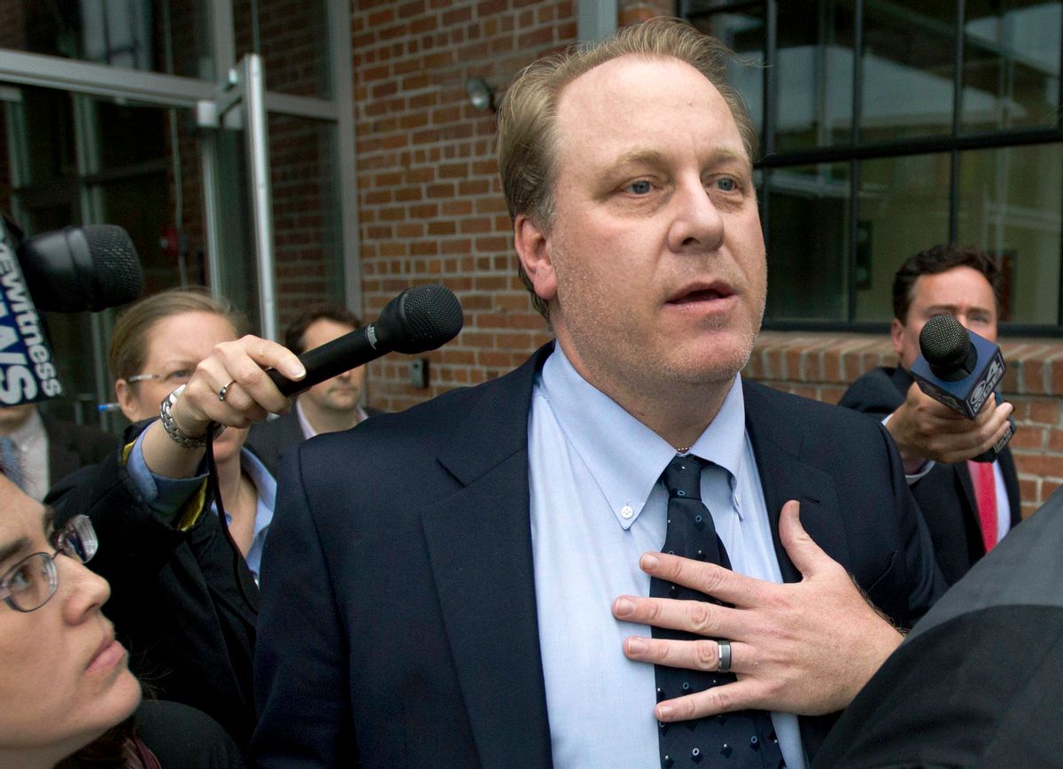 FILE - In this Wednesday, May 16, 2012, file photo, former Boston Red Sox pitcher Curt Schilling, center, is followed by members of the media as he departs the Rhode Island Economic Development Corporation headquarters, in Providence, R.I.  The state’s economic development agency said on Wednesday, March 29, 2017,  it has settled a lawsuit brought against it by the U.S. Securities and Exchange Commission over the state’s failed $75 million deal with Schilling’s videogame company. (AP Photo/Steven Senne, File) (AP)