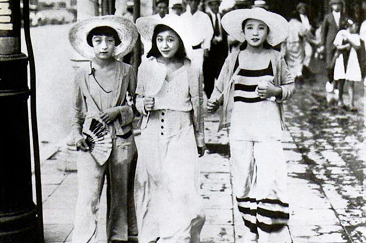 Young moga (modern girls) walk down a Ginza street in 1928 dressed in 'Beach Pyjama Style.'   (Wikicommons)
