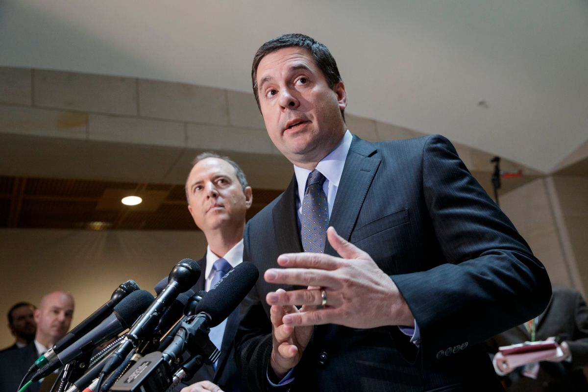 House Intelligence Committee Chairman Rep. Devin Nunes, R-Calif., right, accompanied by the committee's ranking member, Rep. Adam Schiff, D-Calif., talks to reporters, on Capitol Hill in Washington, Wednesday, March, 15, 2017, about their investigation of Russian influence on the American presidential election. Both lawmakers said they have no evidence to back up President Trump's claim that former President Barack Obama wiretapped Trump Plaza during the 2016 campaign. (AP Photo/J. Scott Applewhite) (AP)