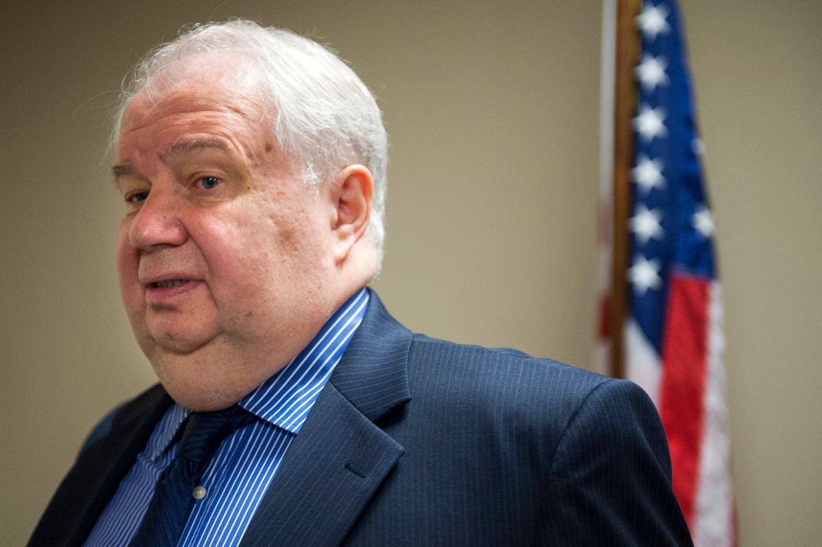FILE- In this Sept. 6, 2013, file photo, Sergey Kislyak, Russia's ambassador to the U.S. speaks with reporters at the Center for the National Interest in Washington. Attorney General Jeff Sessions had two conversations with Kislyak during the presidential campaign season last year, contact likely to fuel calls for him to recuse himself from a Justice Department investigation into Russian interference in the election, the Justice Department said Wednesday, March 1, 2017. (AP Photo/Cliff Owen, File) (AP Photo/Cliff Owen, File)