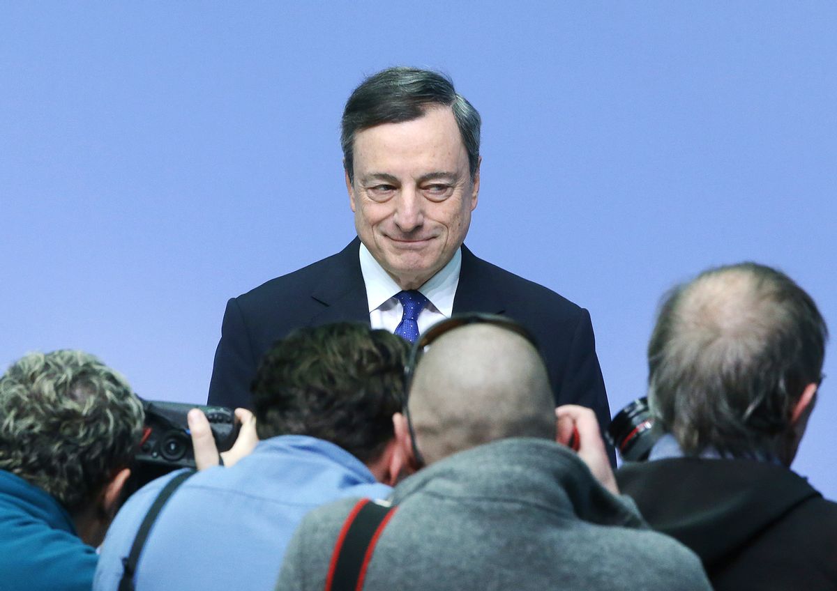 President of the European Central Bank Mario Draghi poses for photographers prior to a news conference in Frankfurt, Germany, Thursday, March 9, 2017, following a meeting of the ECB governing council. (AP Photo/Michael Probst) (AP)
