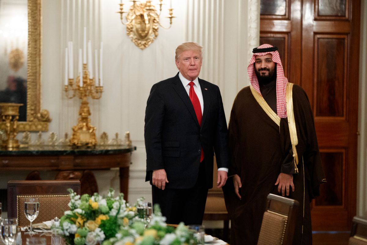 FILE -- In this Tuesday, March 14, 2017 file photo, President Donald Trump stands with Saudi Defense Minister and Deputy Crown Prince Mohammed bin Salman before lunch in the State Dining Room of the White House in Washington. With an eye toward Washington, leaders of a fractured and conflict-ridden Arab world hold their annual summit Wednesday, March 29, 2017, seeking common ground as President Donald Trump weighs his approach toward the region. The stalled Palestinian quest for statehood, is an issue that host Jordan says will take center stage. (AP Photo/Evan Vucci, File) (AP)