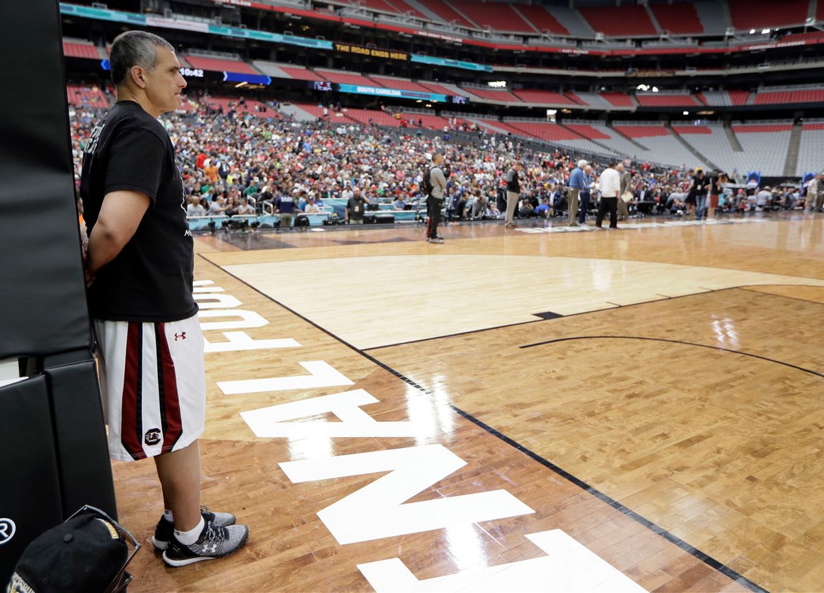 South Carolina head coach Frank Martin watches during a practice session for their NCAA Final Four tournament college basketball semifinal game Friday, March 31, 2017, in Glendale, Ariz. (AP Photo/Mark Humphrey) (AP)