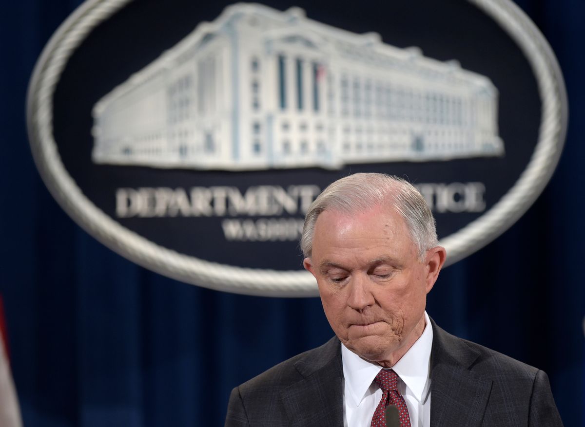FILE - In this March 2, 2017 file photo, Attorney General Jeff Sessions pauses during a news conference at the Justice Department in Washington where he said he will recuse himself from a federal investigation into Russian interference in the 2016 White House election.   (AP Photo/Susan Walsh, File)