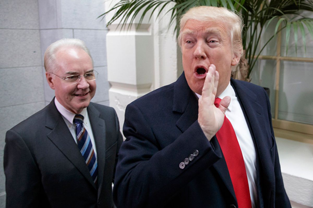 Donald Trump and Health and Human Services Secretary Tom Price arrive on Capitol Hill, March 21, 2017.   (AP/J. Scott Applewhite)