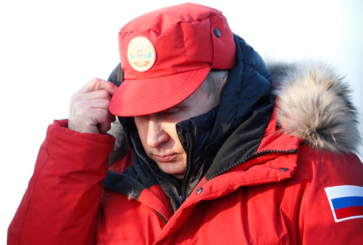 Russian President Vladimir Putin hood while visiting Franz Josef Land archipelago in the Arctic, Russia, Wednesday, March 29, 2017. Russia has sought to strengthen its foothold in the Arctic amid intensifying rivalry for the region's rich natural resources between polar countries. (Sergei Karpukhin/Pool Photo via AP) (AP)