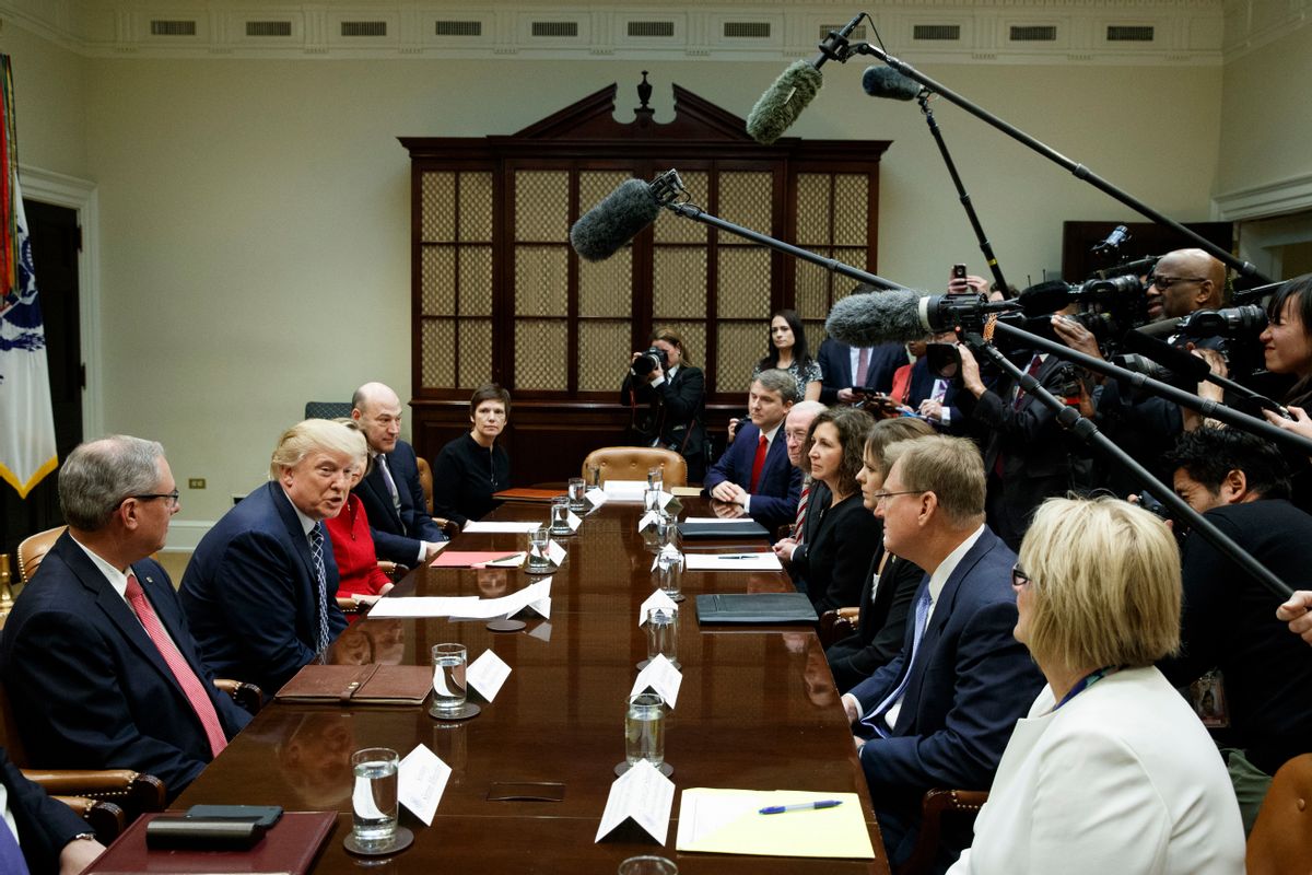 President Donald Trump speaks in the Roosevelt Room of the White House in Washington, Thursday, March 9, 2017, during a meeting with leaders from small community banks.  () (AP Photo/Evan Vucci)