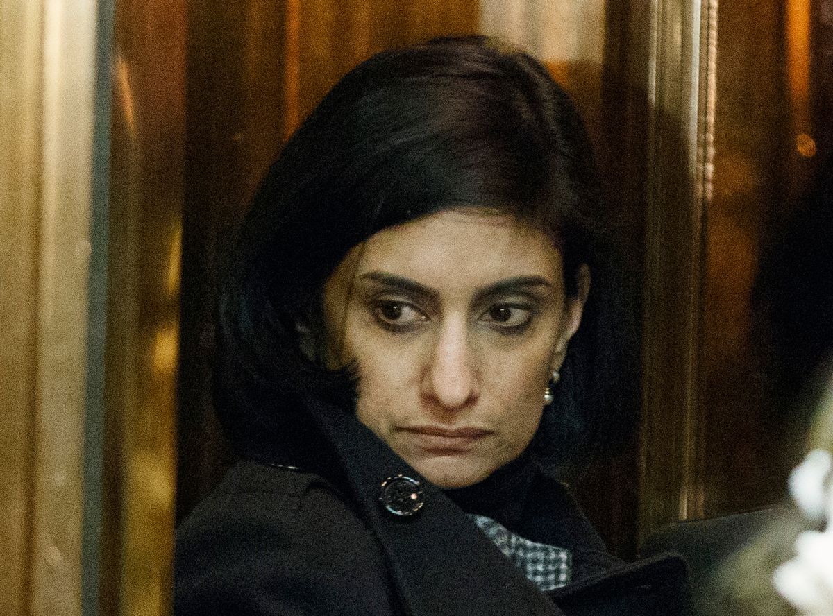 FILE - In this Jan. 10, 2017 file photo, Seema Verma, left, nominee for administrator of the Centers for Medicare and Medicaid Services, gets on an elevator in the lobby of Trump Tower in New York. Verma was confirmed by the Senate on March 13. (AP Photo/Evan Vucci File) (AP)