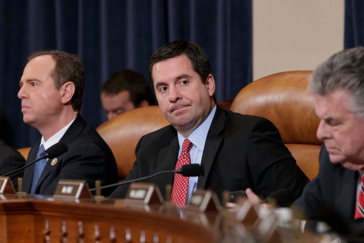 House Intelligence Committee Chairman Rep. Devin Nunes, R-Calif., center, flanked by the committee's ranking member Rep. Adam Schiff, D-Calif., left, and Rep. Peter King, R-N.Y., listens on Capitol Hill in Washington, Monday, March 20, 2017, during the committee's hearing on allegations of Russian interference in the 2016 U.S. presidential election.  (AP Photo/J. Scott Applewhite) (AP)
