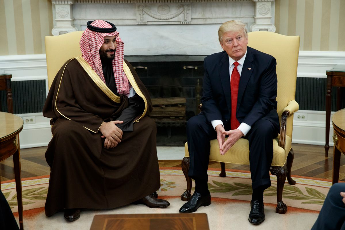 President Donald Trump meets with Saudi Defense Minister and Deputy Crown Prince Mohammed bin Salman bin Abdulaziz Al Saud in the Oval Office of the White House in Washington, Tuesday, March 14, 2017. (AP Photo/Evan Vucci) (AP)