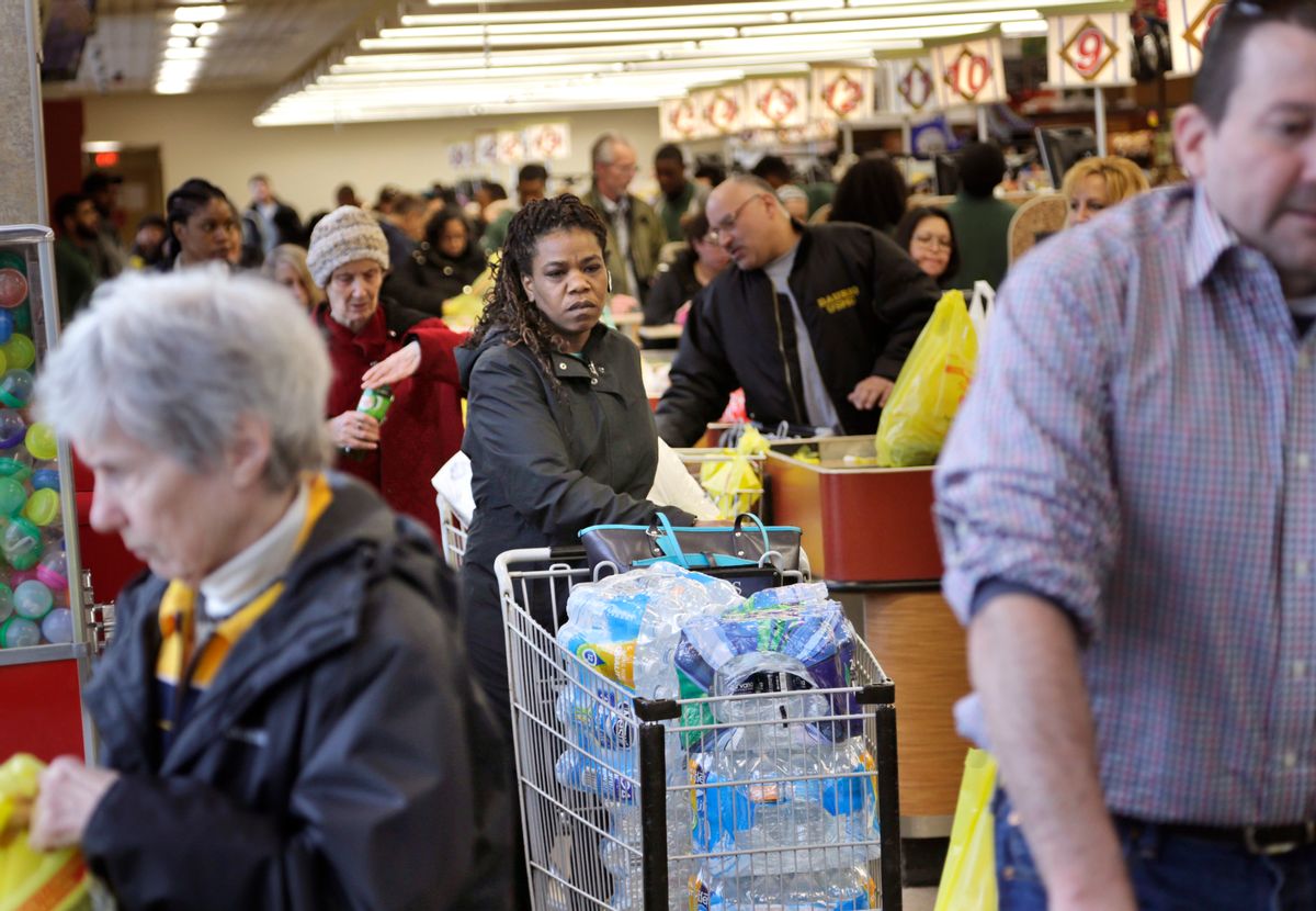 A grocery store is filled with shoppers stocking up on food and other supplies in Paramus, N.J., Monday, March 13, 2017. The Northeast is bracing for a blizzard expected to sweep the New York region with possibly the season's biggest snowstorm. (AP Photo/Seth Wenig) (AP)