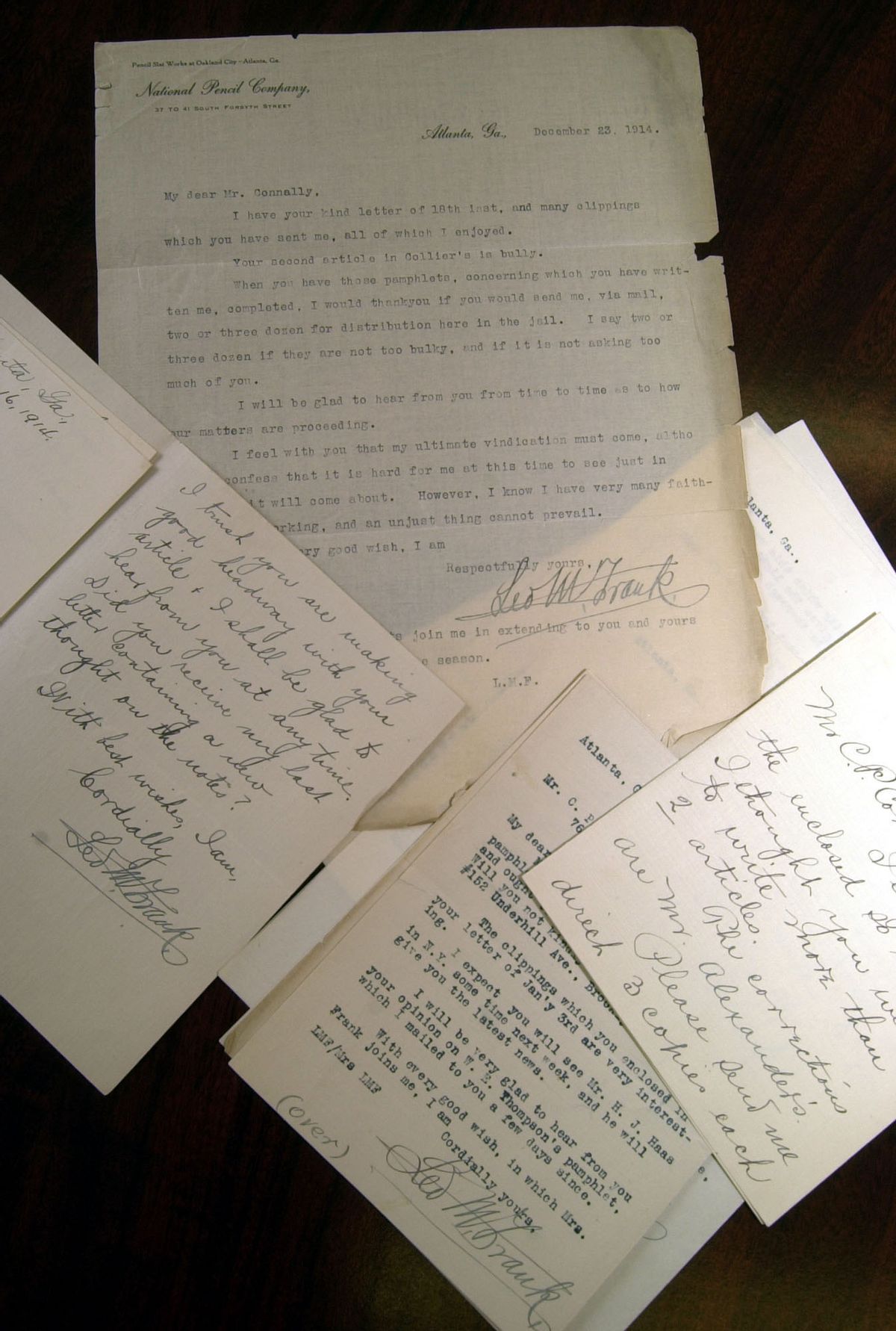 Letters written by Leo Frank are displayed at the Jacob Rader Marcus Center of the American Jewish Archives at Hebrew Union College in Cincinnati, Friday, July 26, 2002 in Cincinnati. (AP Photo/David Kohl)