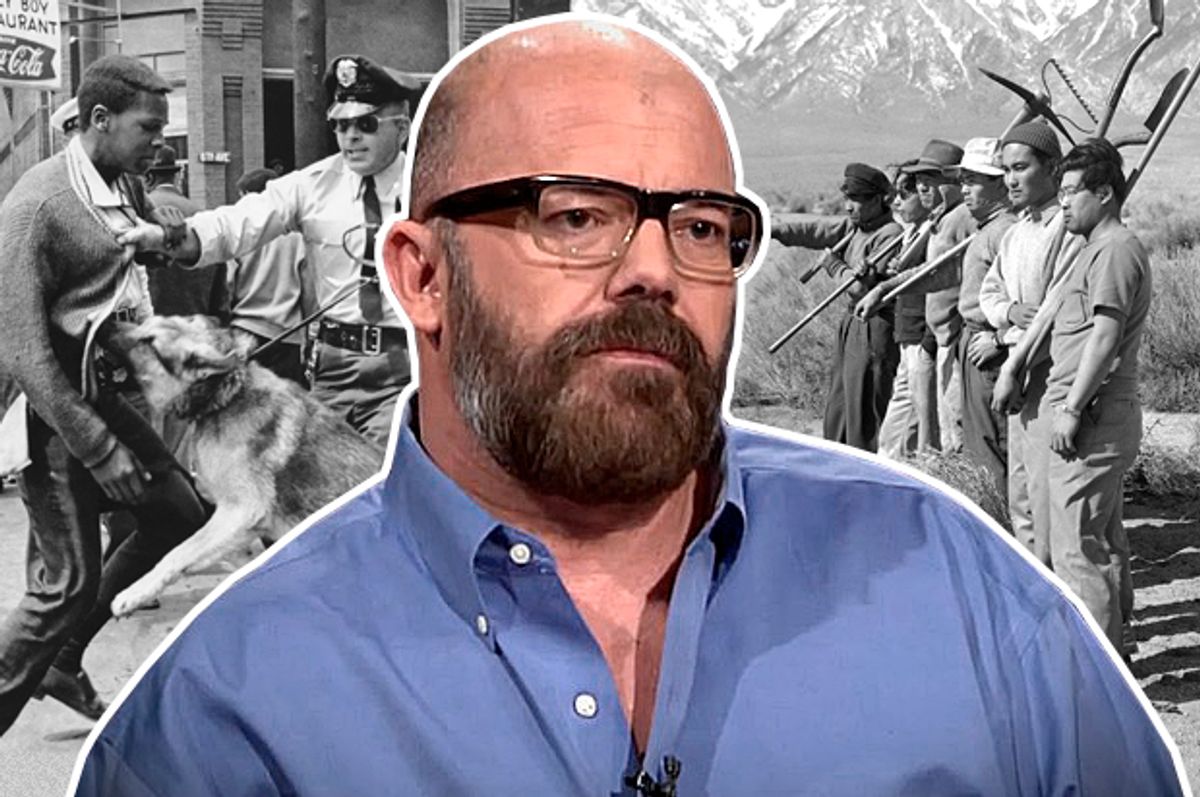 Andrew Sullivan; demonstrators at the Democratic National Convention in Chicago, 1968; Japanese laborers in an internment camp in Manzanar, California in 1942.   (AP/HBO/Salon)