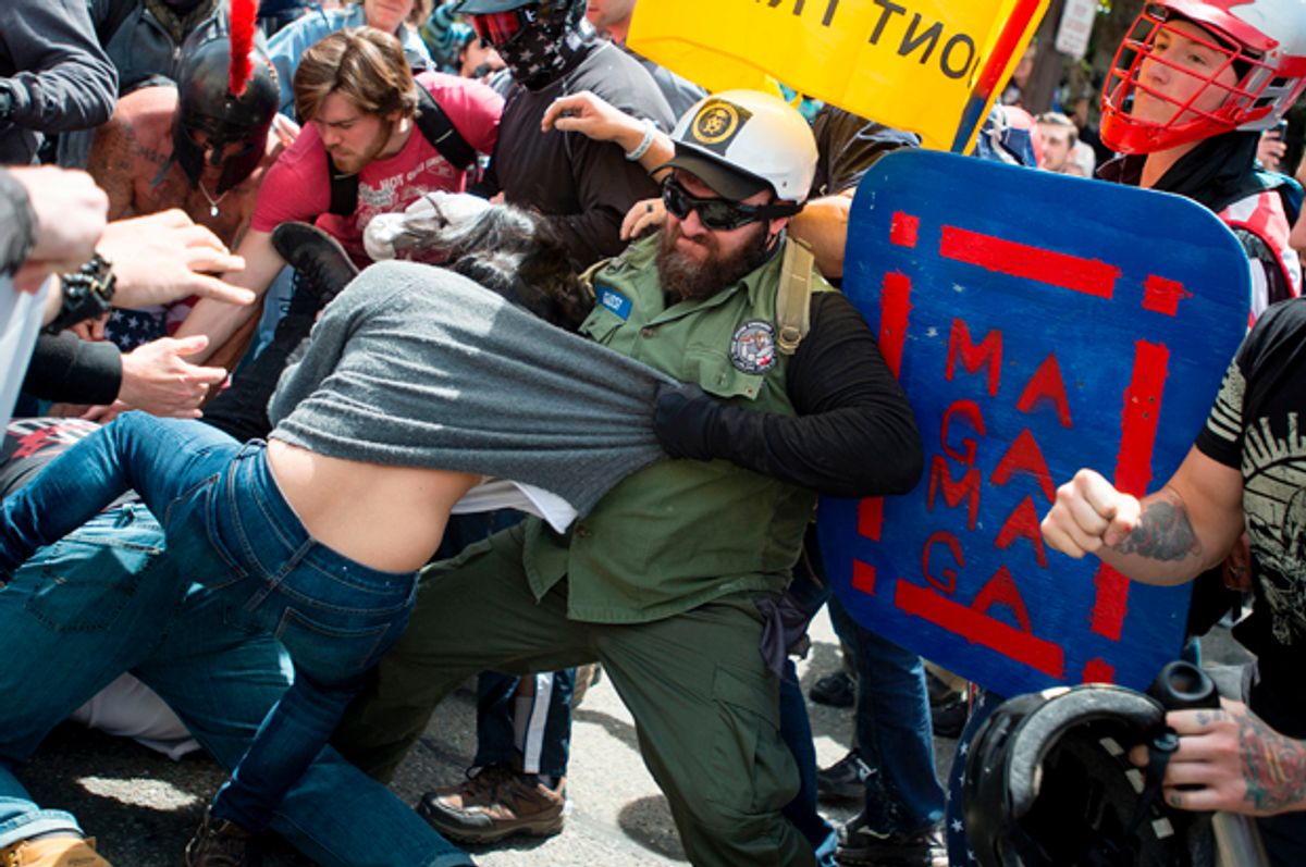 Multiple fights break out between Trump supporters and anti-Trump protesters in Berkeley, California on April 15, 2017.  
 (Getty/Josh Edelson)