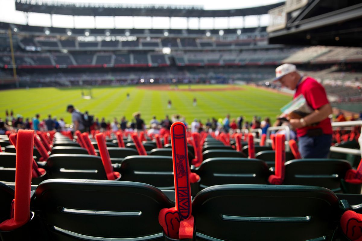 Foam tomahawks line the seats as spectators arrive for an opening day baseball game between the Atlanta Braves and the San Diego Padres in Atlanta, Friday, April 14, 2017. The Braves are playing their first regular-season game in SunTrust Park, the new suburban stadium that replaced Turner Field. (AP Photo/David Goldman) (AP)