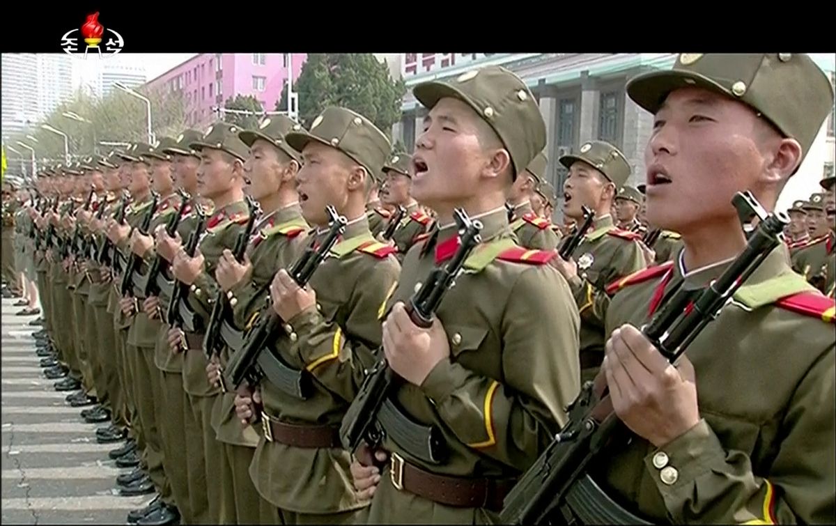In this image made from video broadcast by North Korean broadcaster KRT, soldiers take part in a parade at Kim Il Sung Square in Pyongyang, Saturday, April 15, 2017.  (KRT via AP)