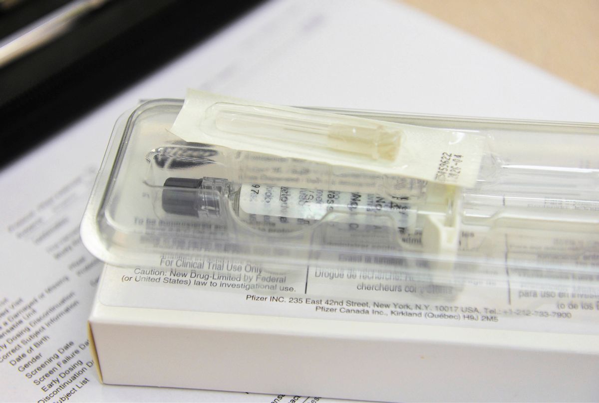 This Wednesday, March 29, 2017 photo shows a syringe involved in an experimental non-opioid pain medication trial at the Altoona Center for Clinical Research in Altoona, Pa. With about 2 million Americans hooked on opioid painkillers, researchers and drug companies are searching for less addictive drugs to treat pain. (AP Photo/Chris Post) (AP)
