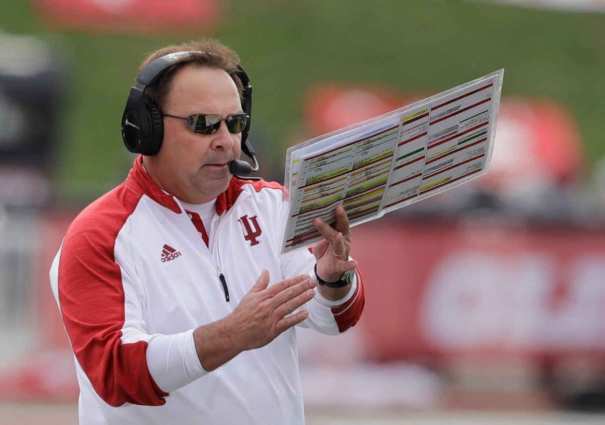 FILE - In this Nov. 26, 2016, file photo, Indiana coach Kevin Wilson calls a timeout during the first half of the team's NCAA college football game against Purdue in Bloomington, Ind. (AP Photo/Darron Cummings, File) (AP)