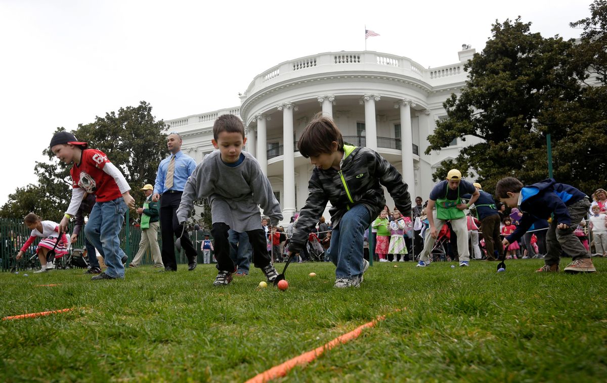 FILE- In this April 1, 2013, file photo, children participate in the annual White House Easter Egg Roll on the South Lawn of the White House in Washington. Thousands of children are heading to the White House on Monday, April 17, 2017, for its biggest social event of the year: the annual Easter Egg Roll. (AP Photo/Pablo Martinez Monsivais, File) (AP)