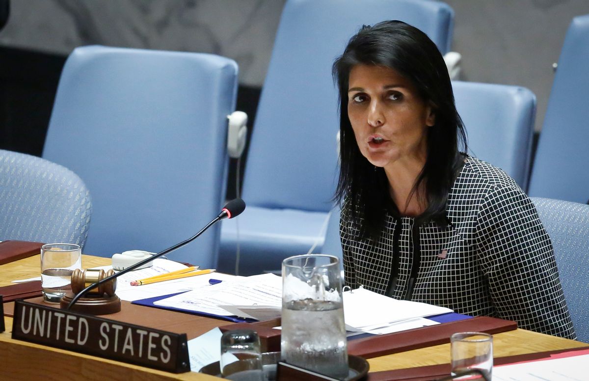 United Nations U.S. Ambassador Nikki Haley address the Security Council after a vote on a resolution condemning Syria's use of chemical weapons failed, Wednesday, April 12, 2017 at U.N. headquarters. (AP Photo/Bebeto Matthews) (AP)