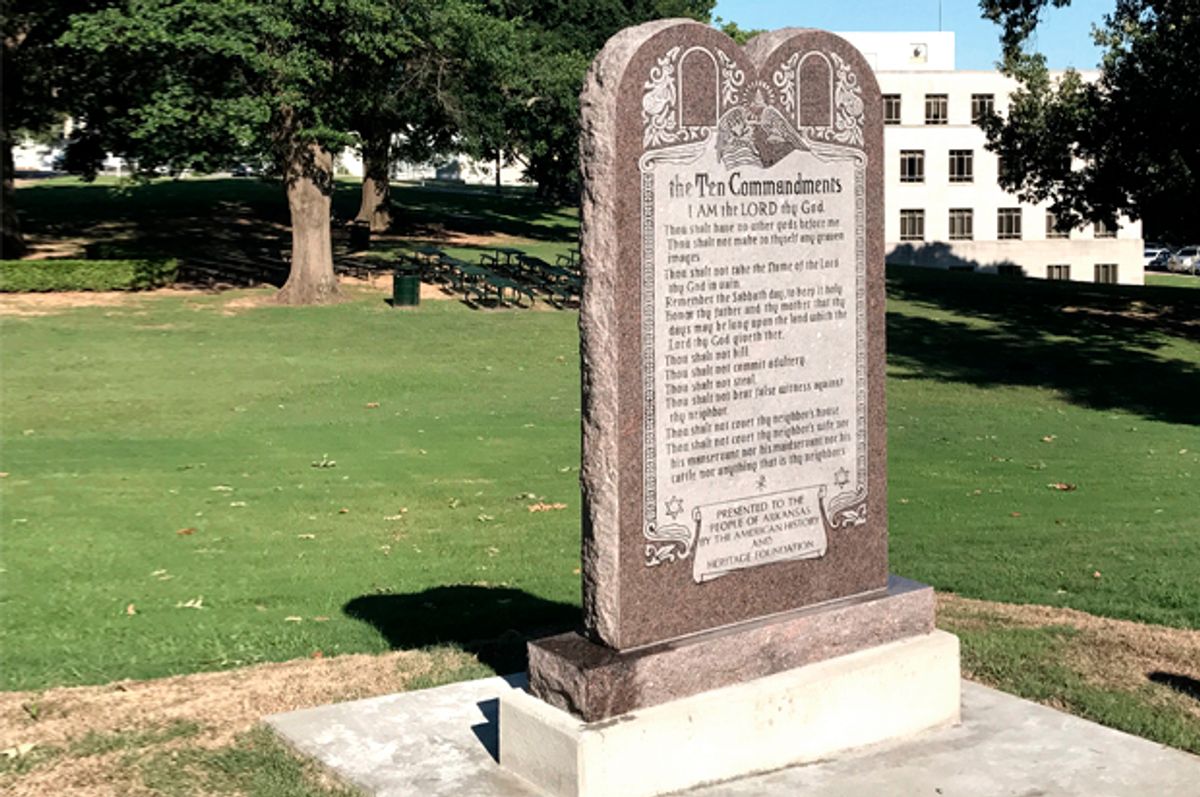 Ten Commandments monument on the Arkansas Capitol grounds in Little Rock on Tuesday, June 27, 2017.   (AP/Andrew DeMillo)