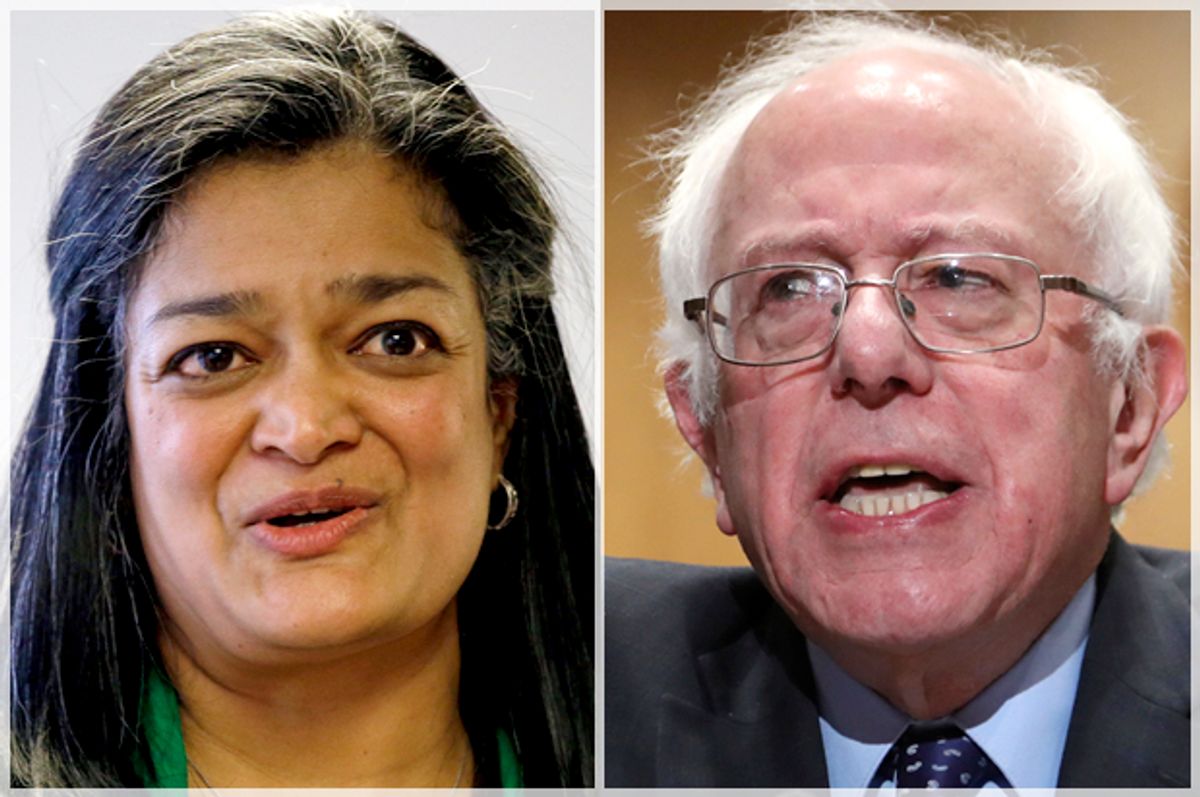 Pramila Jayapal; Bernie Sanders   (AP/Elaine Thompson/Manuel Balce Ceneta)