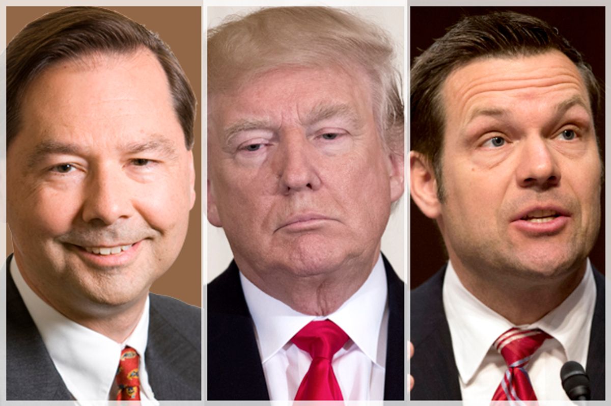 Hans von Spakovsky; Donald Trump; Kris Kobach   (WikiMedia/Getty/SaulLoeb/AP/Jacquelyn Martin)