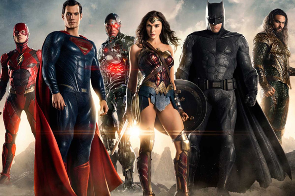 Ezra Miller, Henry Cavill, Ray Fisher, Gal Gadot, Ben Affleck, and Jason Momoa in "Justice League" (DC Films)