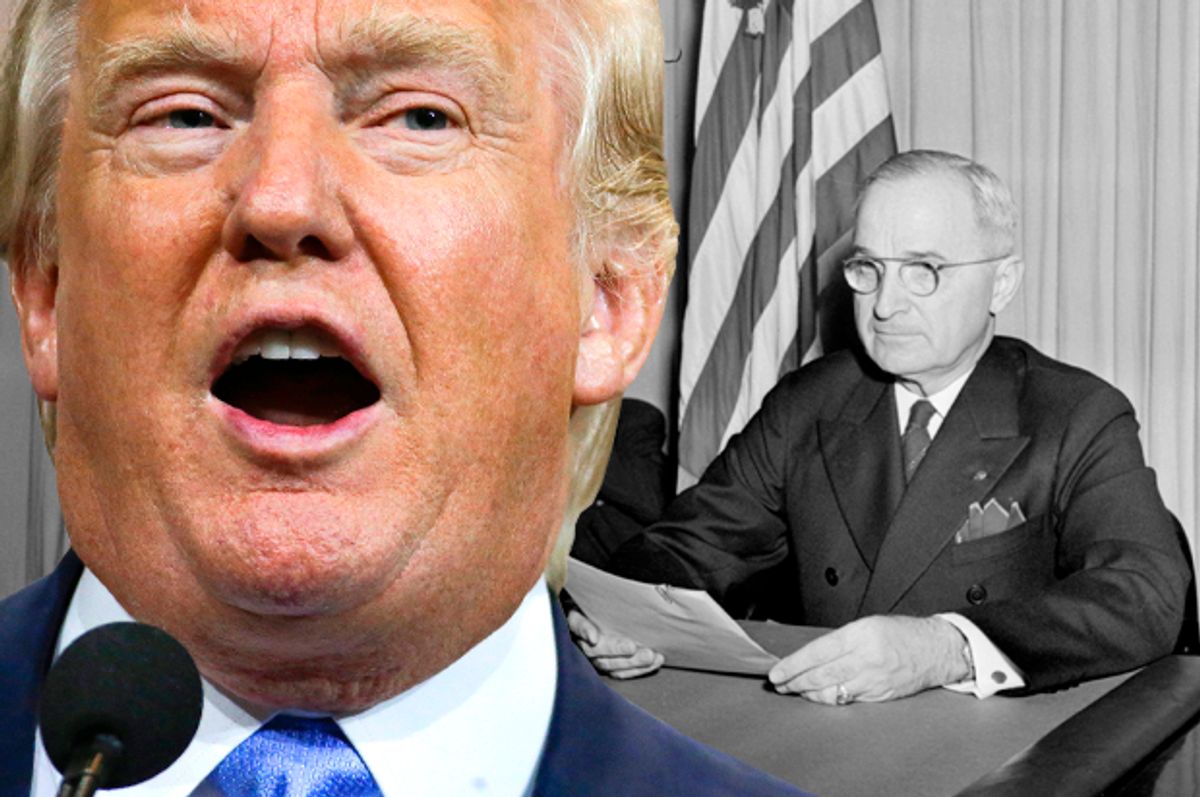 Donald Trump; Harry Truman   (AP/Mark Humphrey/Salon)