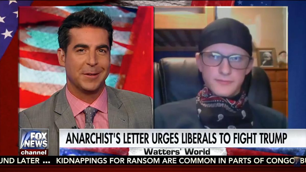 Fox News host Jesse Watters unwittingly interviewed a far-right troll posing as a leftist anarchist. (Screenshot)