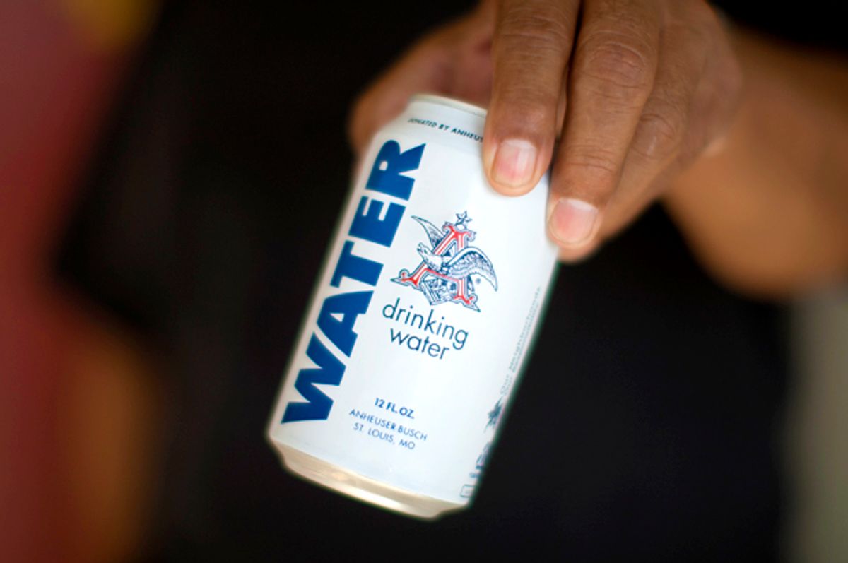 A can of water donated by Anheuser-Busch in California during a drought. Currently, Anheuser-Busch is sending more than 155,000 cans of water for Hurricane Harvey aid. (Getty/David McNew)