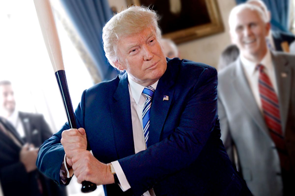 Donald Trump swings a Marucci baseball bat during a "Made in America" product showcase (Getty/Olivier Douliery)
