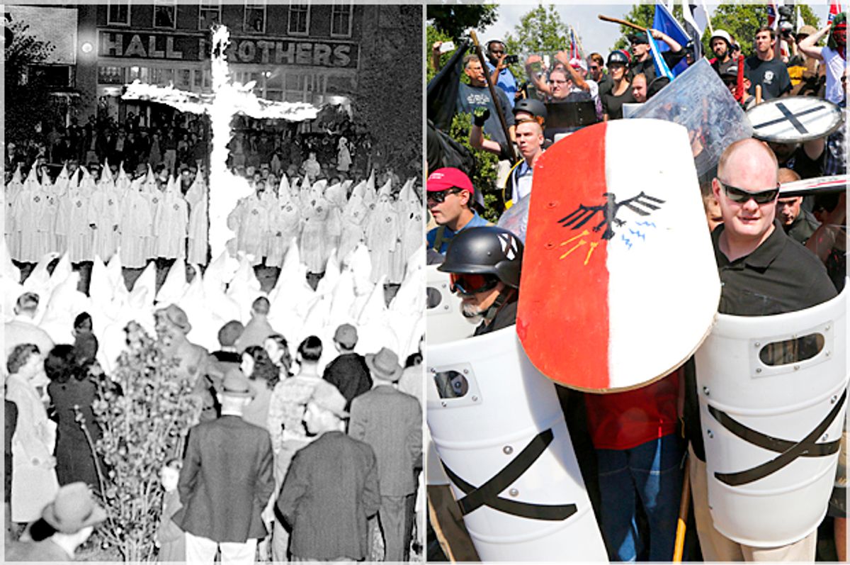 Ku Klux Klan, March 2, 1948; White Nationalists August 12, 2017 (AP/Steve Helber)