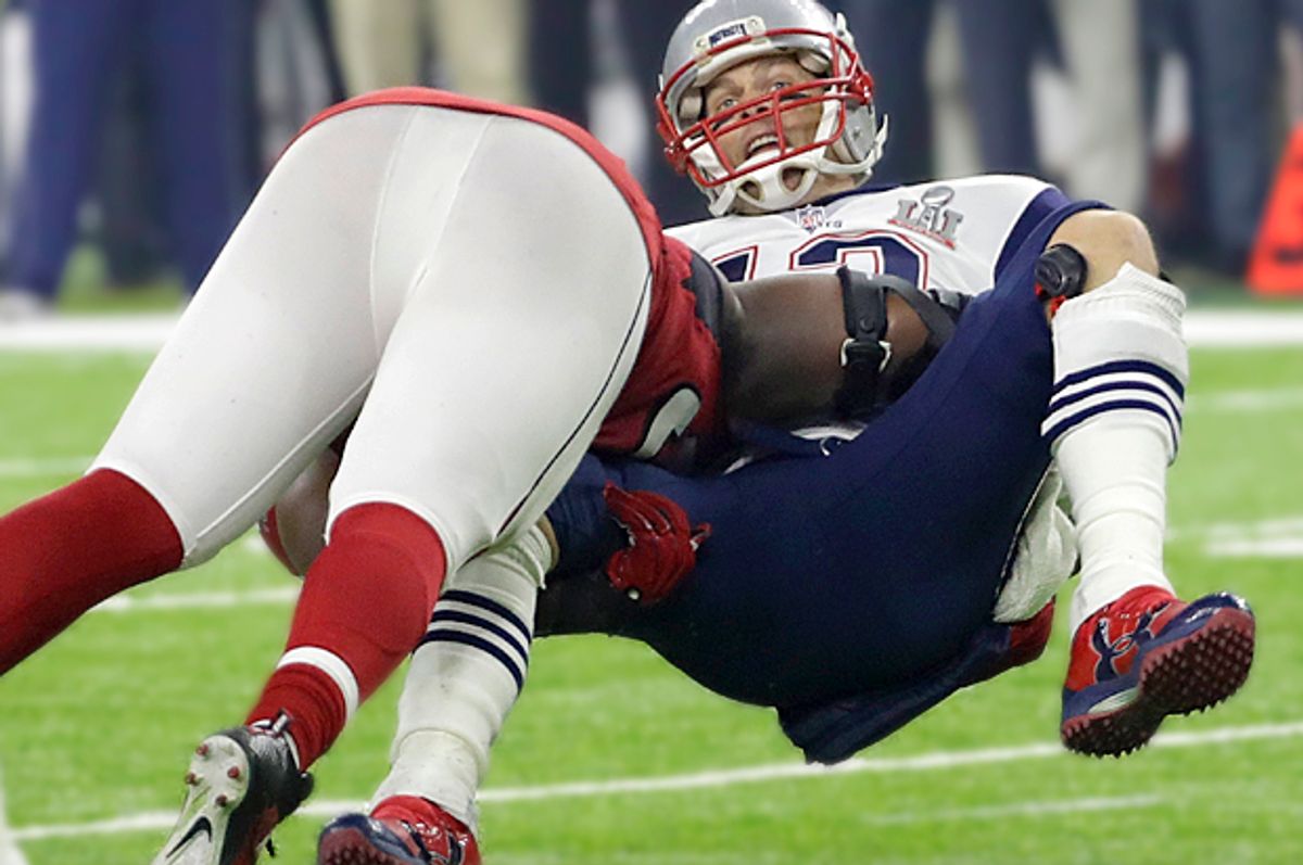 Atlanta Falcons' Grady Jarrett sacks New England Patriots' Tom Brady. (AP/David J. Phillip)