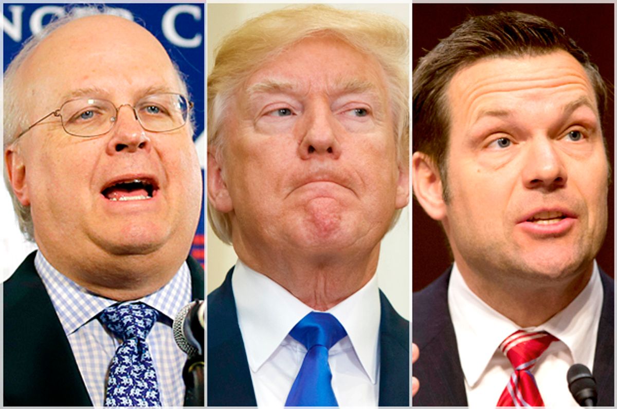 Karl Rove; Donald Trump; Kris Kobach   (AP/Rick Bowmer/Evan Vucci/Jacquelyn Martin)