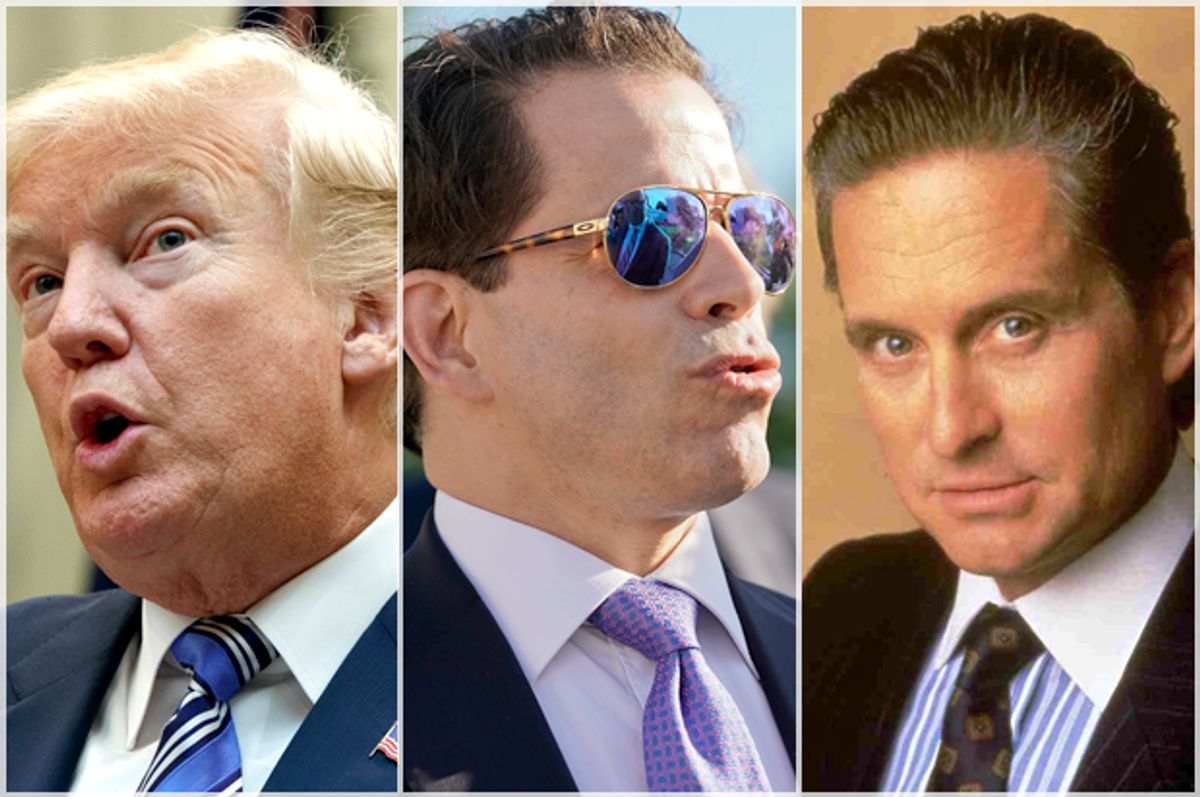 Donald Trump; Anthony Scaramucci; Michael Douglas as Gordon Gekko in Wall Street (AP/Evan Vucci/Pablo Martinez Monsivais/Twentieth Century Fox)