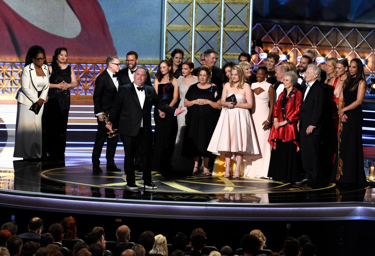 Bruce Miller and the cast and crew accept the award for outstanding drama series for "The Handmaid's Tale"  (Chris Pizzello/invision/ap)