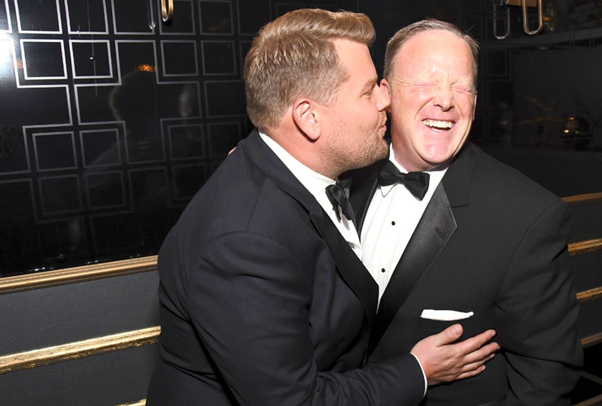 James Corden kisses Sean Spicer (AP/Charles Sykes)