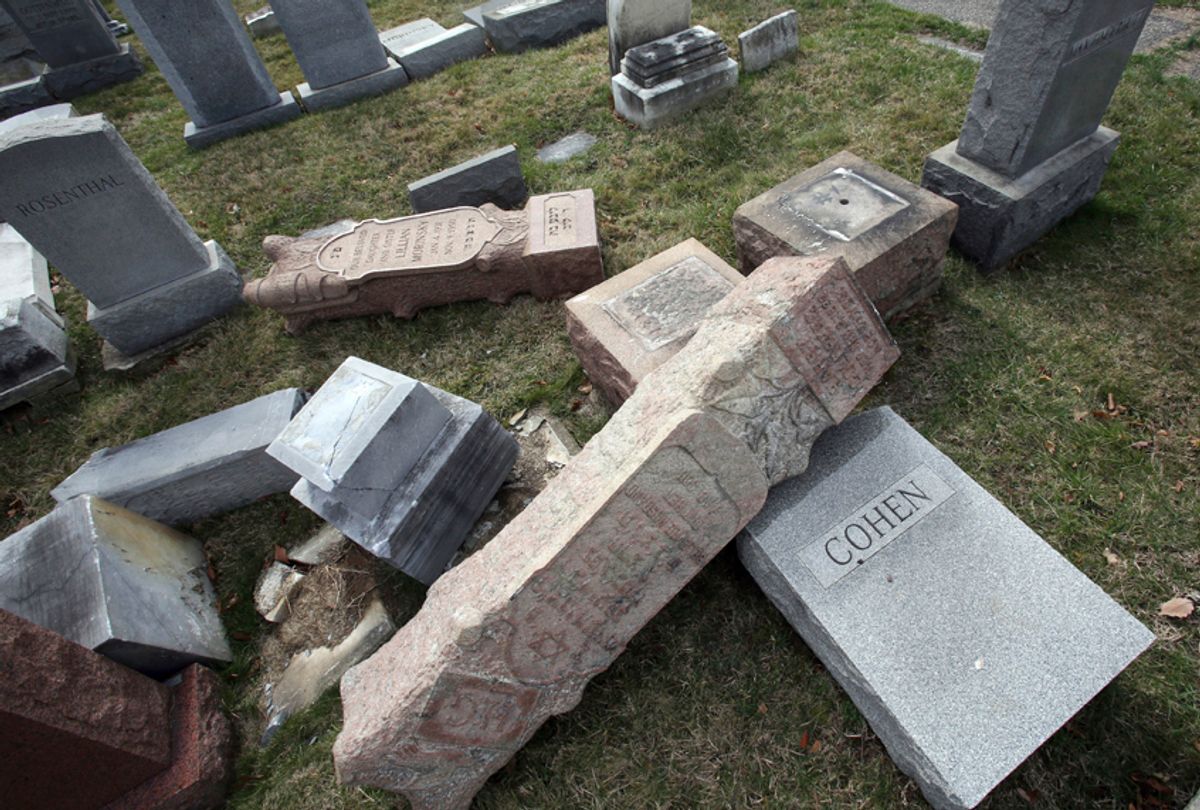 Toppled and damaged headstones at Mount Carmel Cemetery in Philadelphia, Feb. 27, 2017. (AP/Jacqueline Larma)