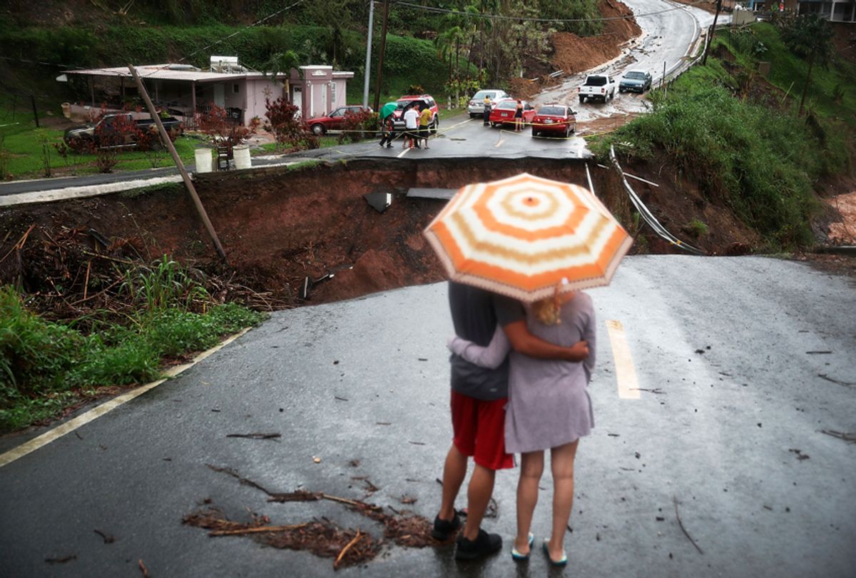 A section of collapsed road after Hurricane Maria, October 7, 2017 in Barranquitas, Puerto Rico. (Getty/Joe Raedle)