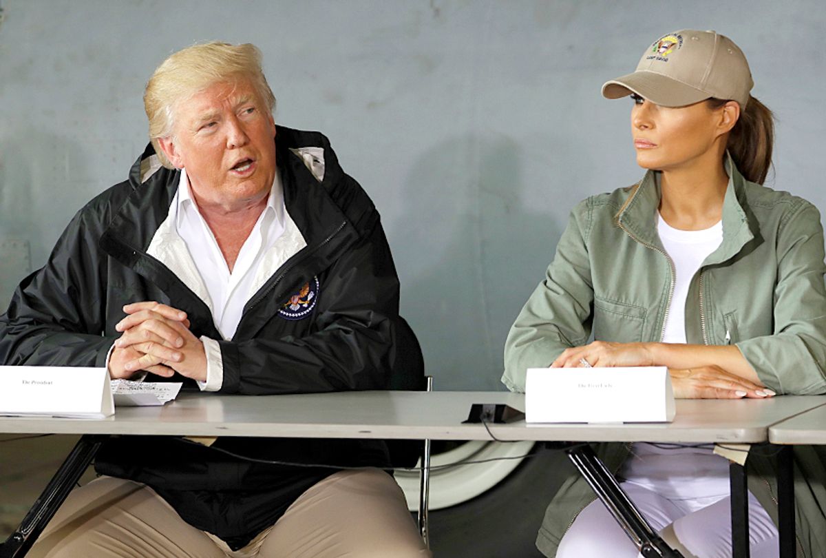 Donald Trump talks about recovery efforts at Luis Muniz Air National Guard Base in San Juan, Puerto Rico. (AP/Evan Vucci)
