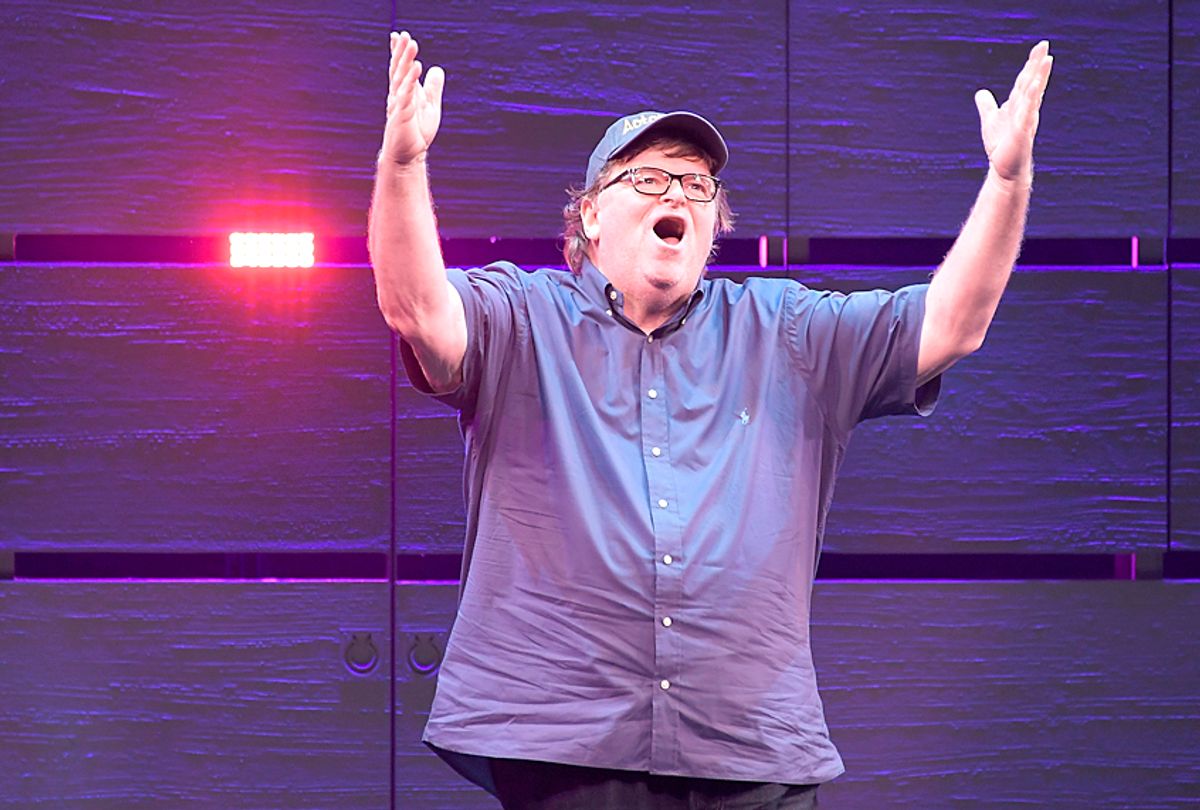 Michael Moore during "The Terms Of My Surrender" (Getty/Mike Coppola)
